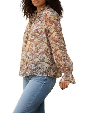 Entro Floral Print Cottage Core Ruffle Neck Peasant Blouse